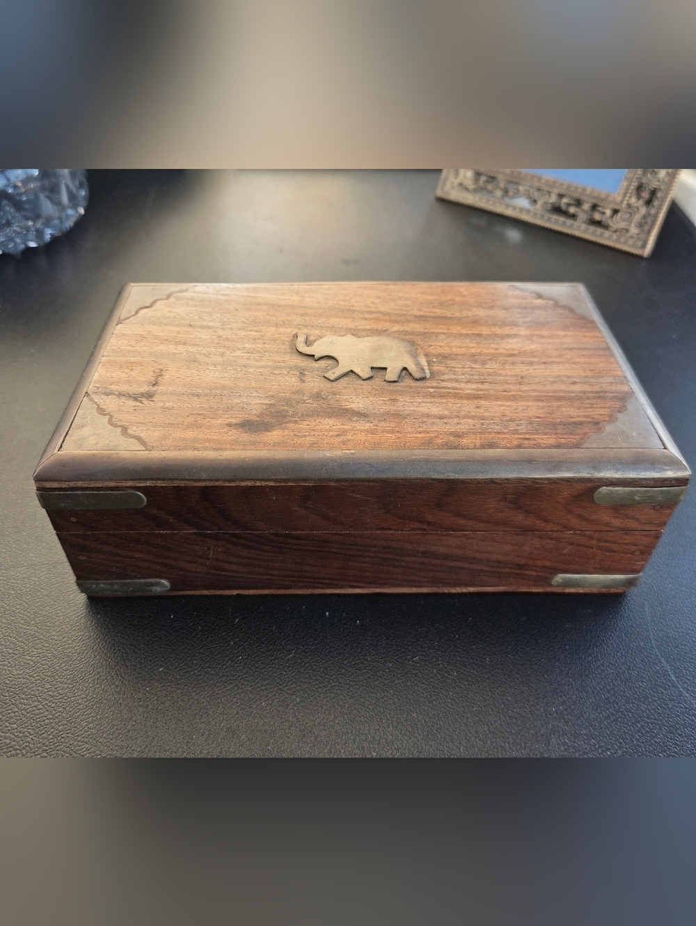 Wooden Decorative Box with Brass Elephant Accent - Brown